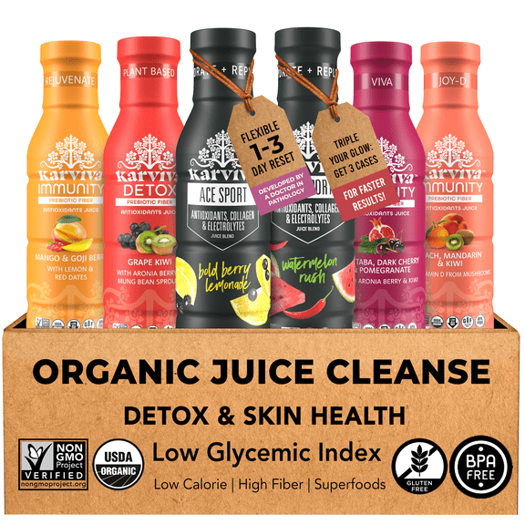 Karviva Organic Juice Cleanse & Skin Glowing Variety Pack, 12 oz BPA-Free Bottles (Pack of 6)