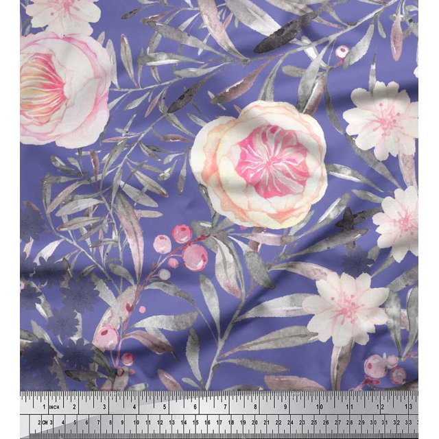Soimoi Tissu Popeline de Coton Violet Imprimé Feuilles & Roses au Mètre 42 Pouces de Large