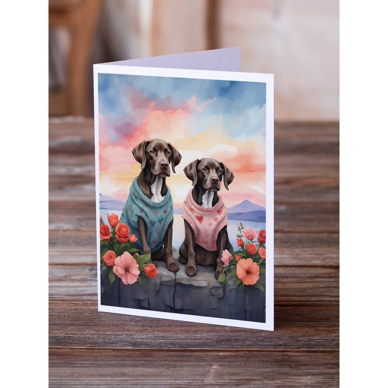 German Shorthaired Pointer Two Hearts Greeting Cards Pack of 8 7 in x 5 in