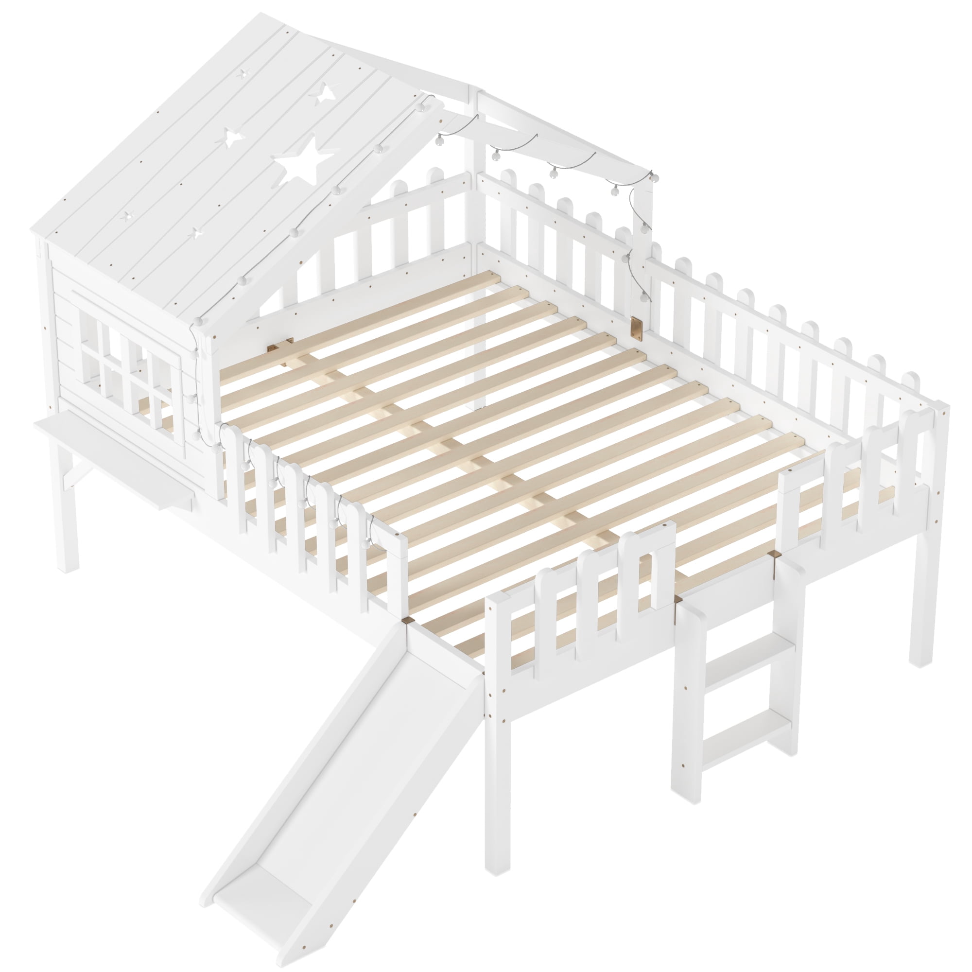 Mintazer Full Size Kids House Loft Bed with Slide & LED Lights, Modern Playhouse Bed with Star Shaped Designs & Ladder, No Box Spring Needed, White