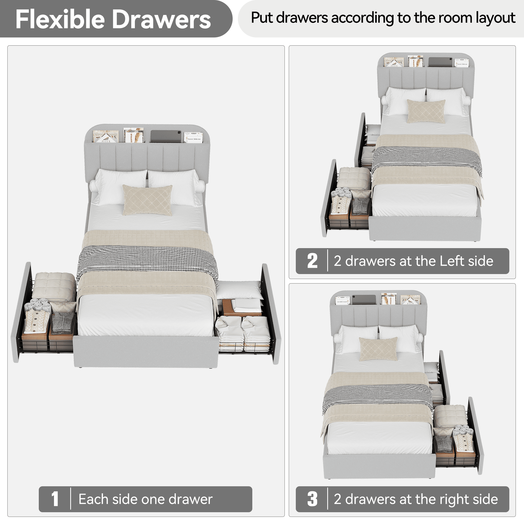 TWIN Platform Bed with Bookcase Headboard & Drawers – Modern Boucle Upholstered Frame, No Box Spring, Easy Assembly Bedroom Furniture