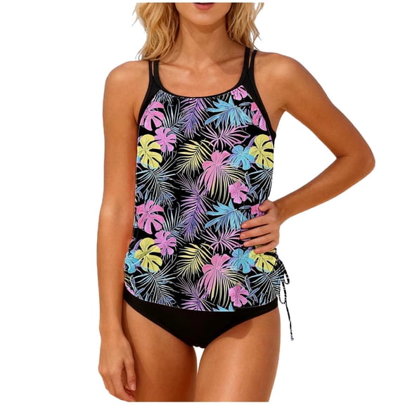 Womens 2 Piece Tankini Bathing Suits Tropical Racerback Swimsuits Beach Modest Swimwear Tops with Briefs(Black 2XL)