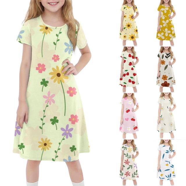Girls Summer Dress Tween Dresses Floral A-Line Dress Short Sleeve Casual Summer Dress with Colorful Flower Print for Kids ,Sie:120