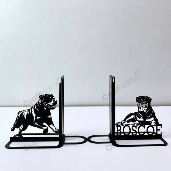 Craftnamesign Customized Rottweiler Dog Metal Bookends For Shelves, Dog Bookshelf Decor