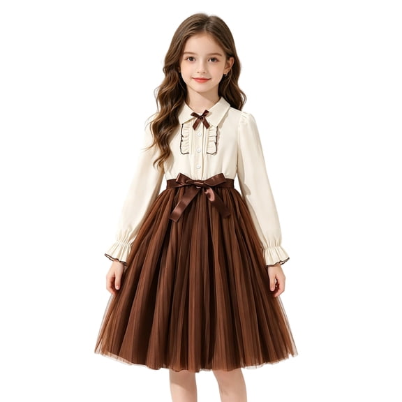 Angala Everyday And Party Dress For Girls Long Sleeve Notch Neck Colorblock Girls Back To School Dresses