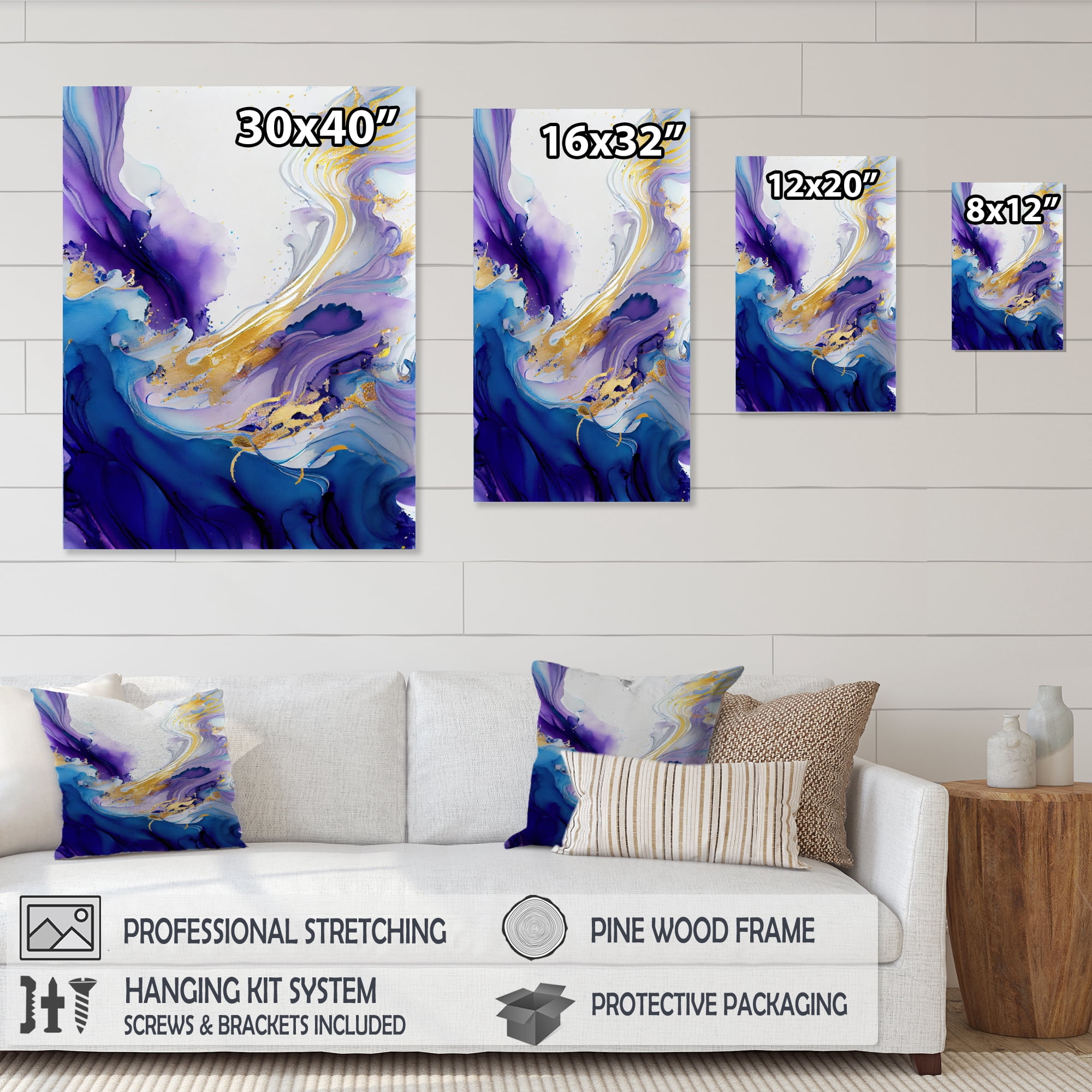 Designart Blue And Gold Splash Paint II Canvas Wall Art