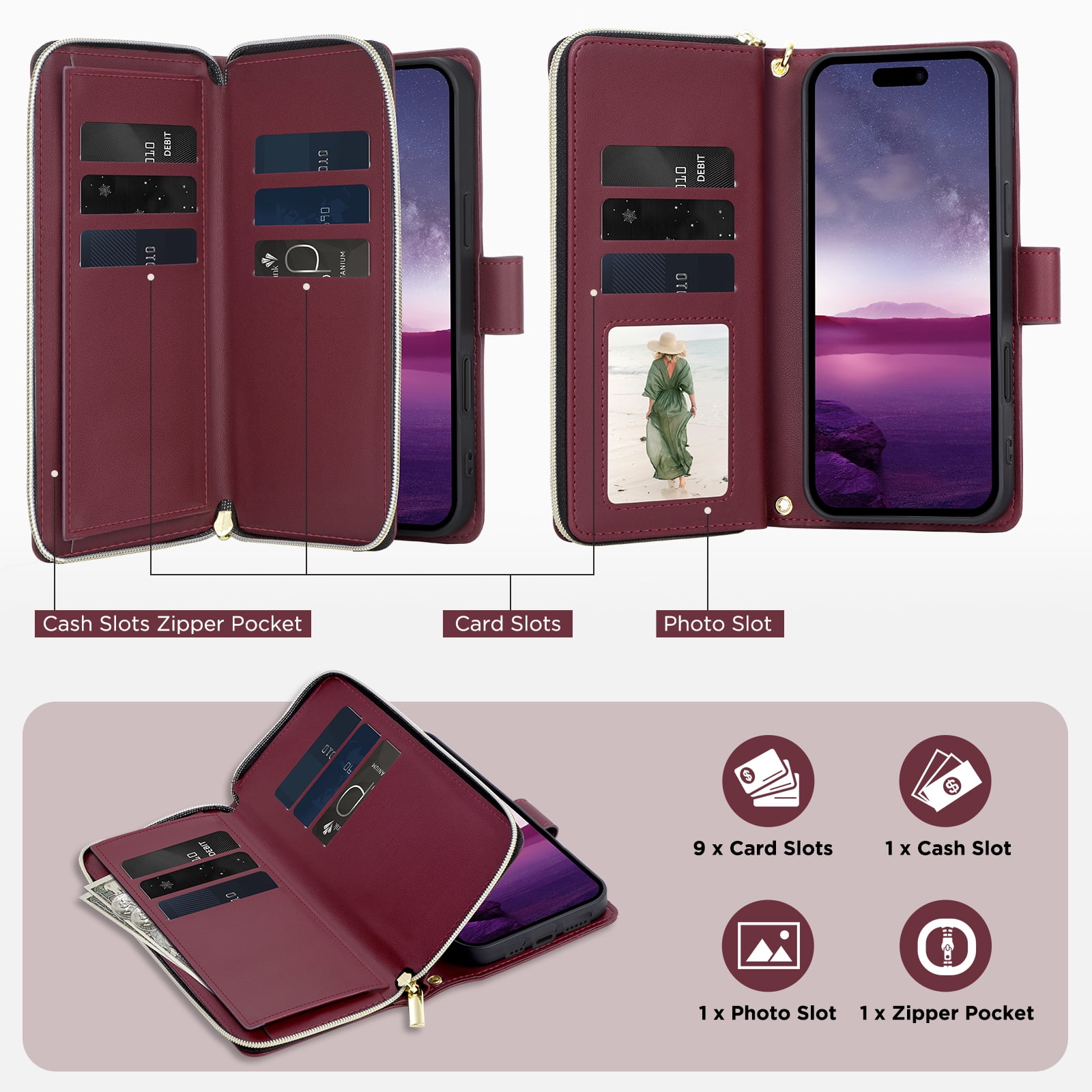 for iPhone 13 Pro Wallet Case, Multi-Functional Zipper Purse Case, with Flip Stand Card Holder PU Leather Phone Cover with Lanyard & Wrist Strap for iPhone 13 Pro, Winered
