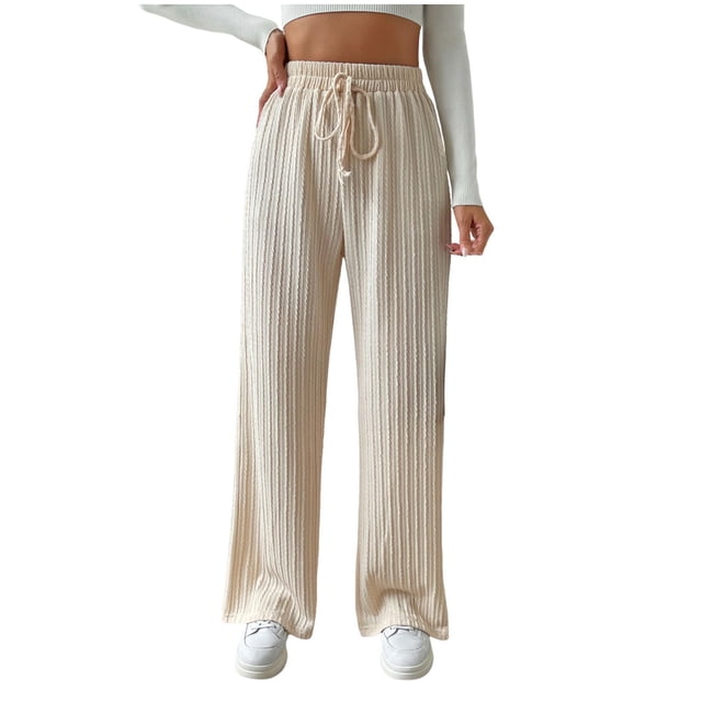 Maplenight Women's Summer Textured Knitted Ribbed Pants Loose Straight Leg Lounge Pants Elastic Waist Drawstring High Waisted Solid Color Casual Pants 2025 on Clearance