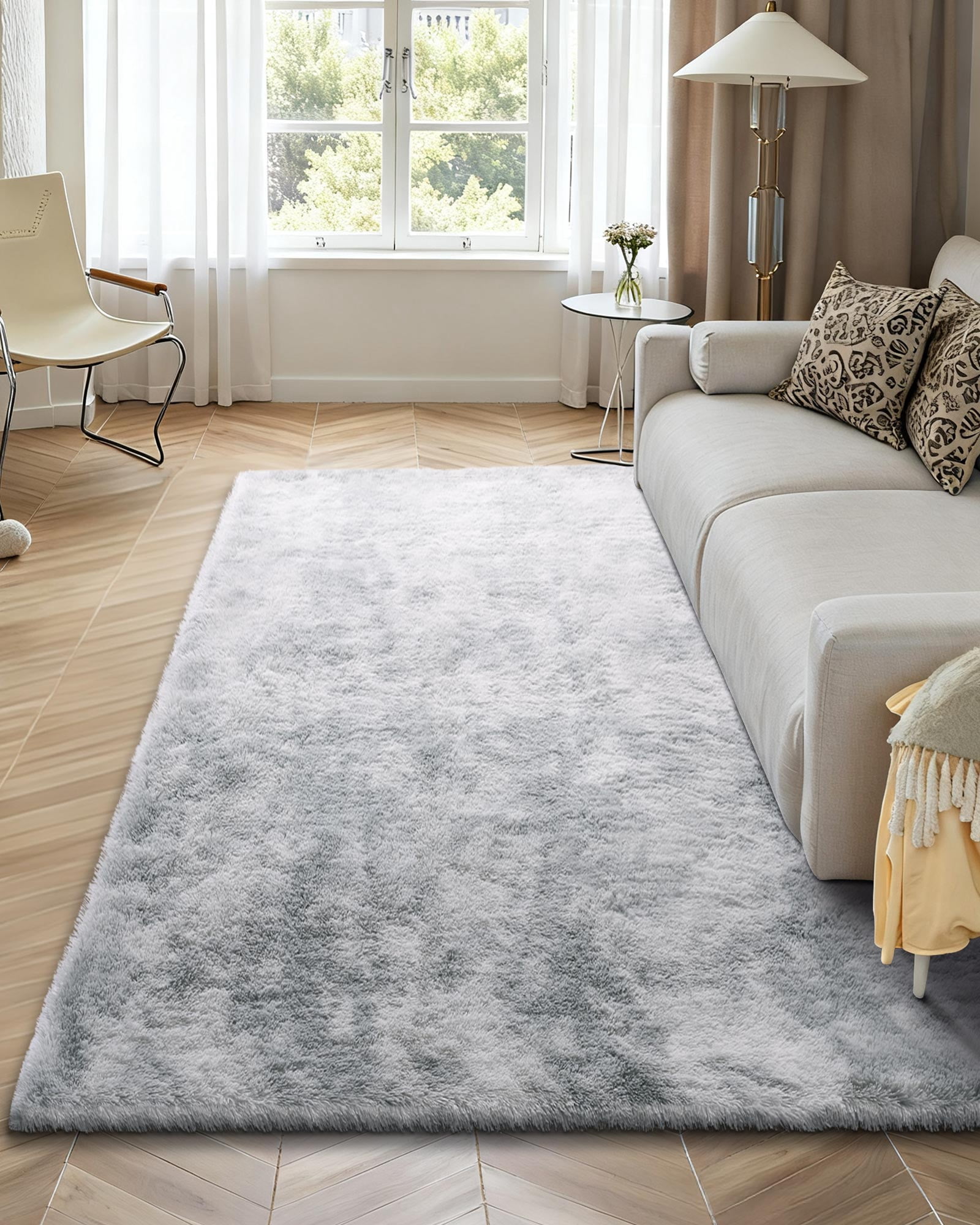 VEVOR Indoor Plush Area Rugs, 6 x 9 ft Soft Plush Carpet, Furry Shag Area Rugs for Living Room, Bedroom, Modern Home Decor Aesthetic Long-Pile Rug, Non-Shedding, Slip-Resistant, Tie-Dye Light Gray