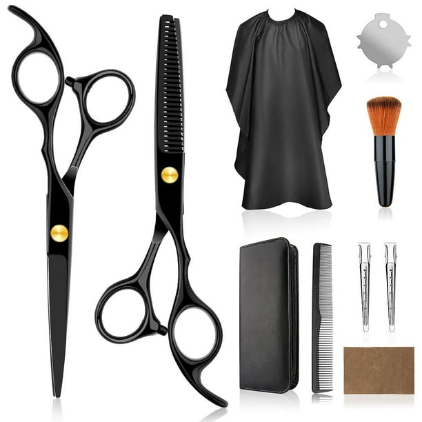 Professional Home Hair Cutting Kit - Quality Home Haircutting Scissors Barber/Salon/Home Thinning Shears Kit with Comb and Case Black Cape for Men and Women