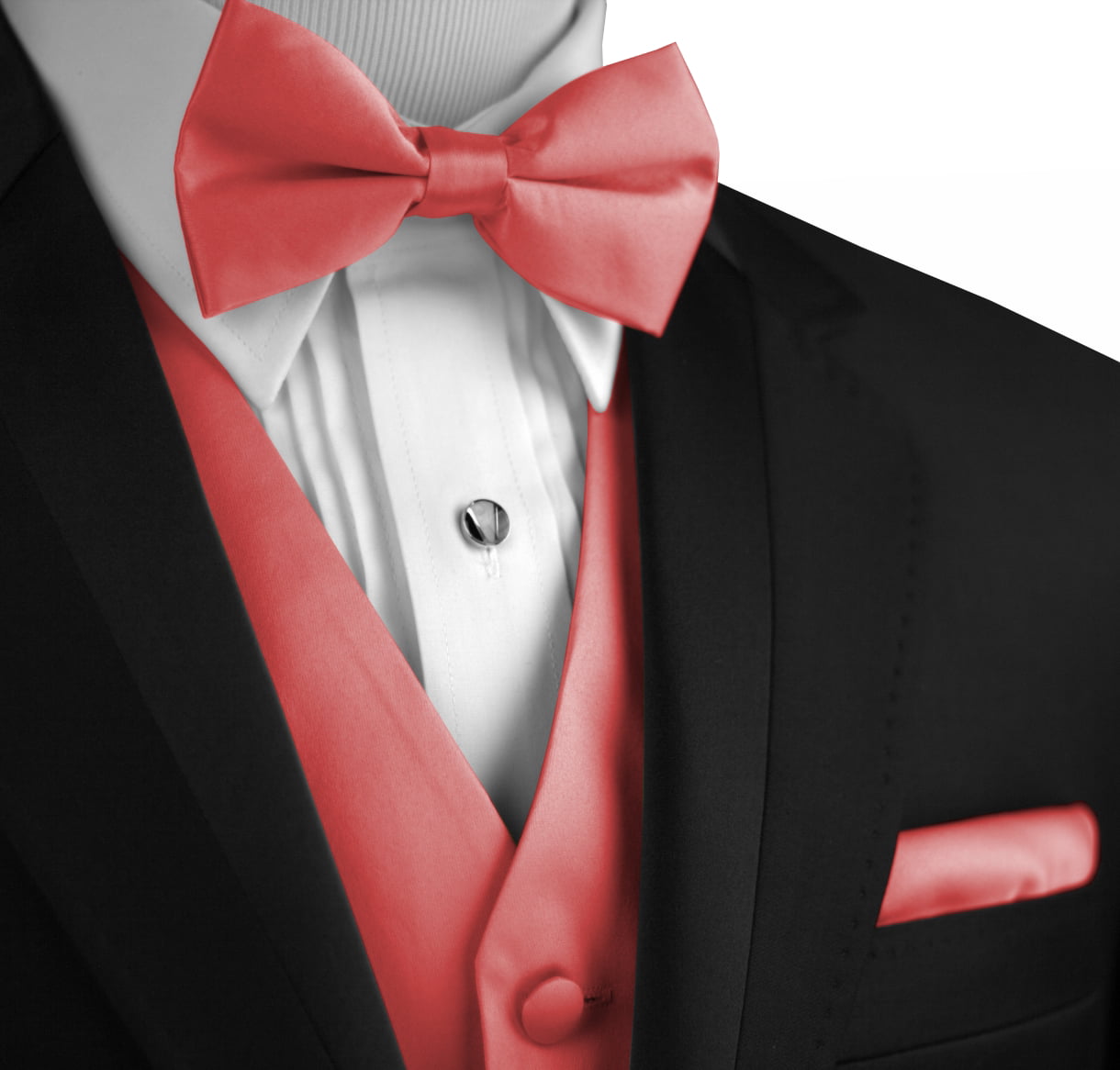 Two Tone Black CORAL Bow tie And CORAL Handkerchief Set Wedding Prom
