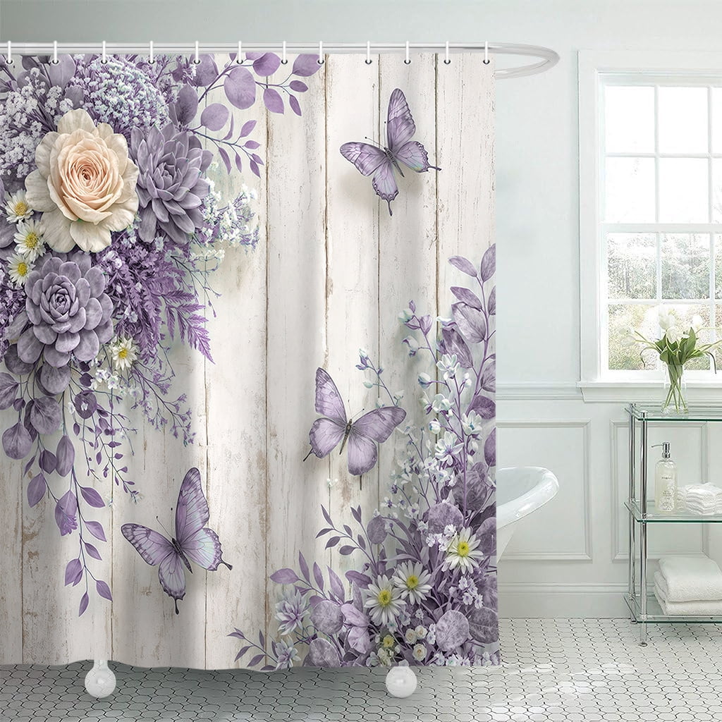 Purple Floral Shower Curtain - Farmhouse Rustic Rose Butterfly Bathroom Curtain Boho Botanical Waterproof Fabric Set with 12 Hooks,72X72in