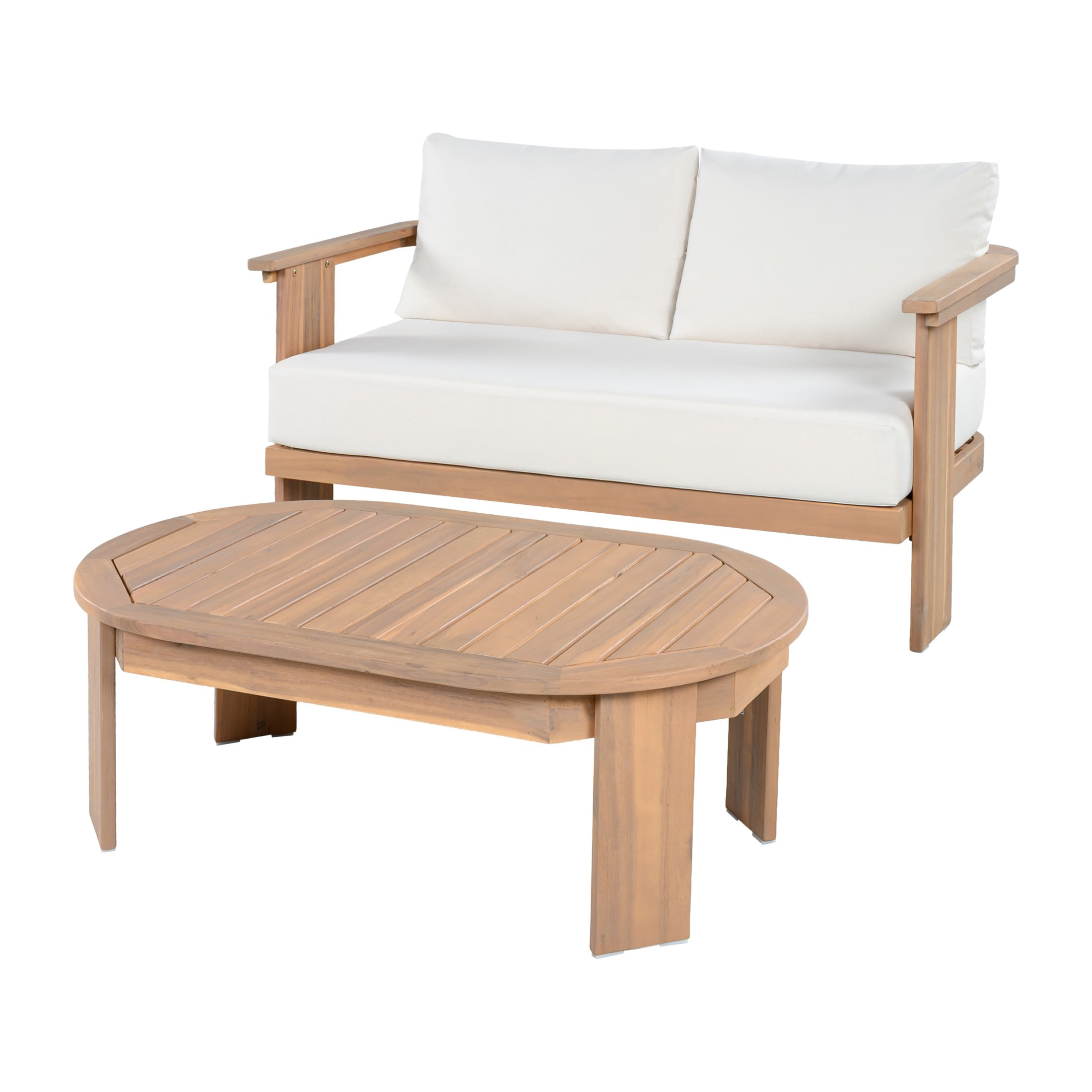 Christopher Knight Home 2-Piece Patio Conversation Set with Cushions, Oval Coffee Table, Light Teak+Beige