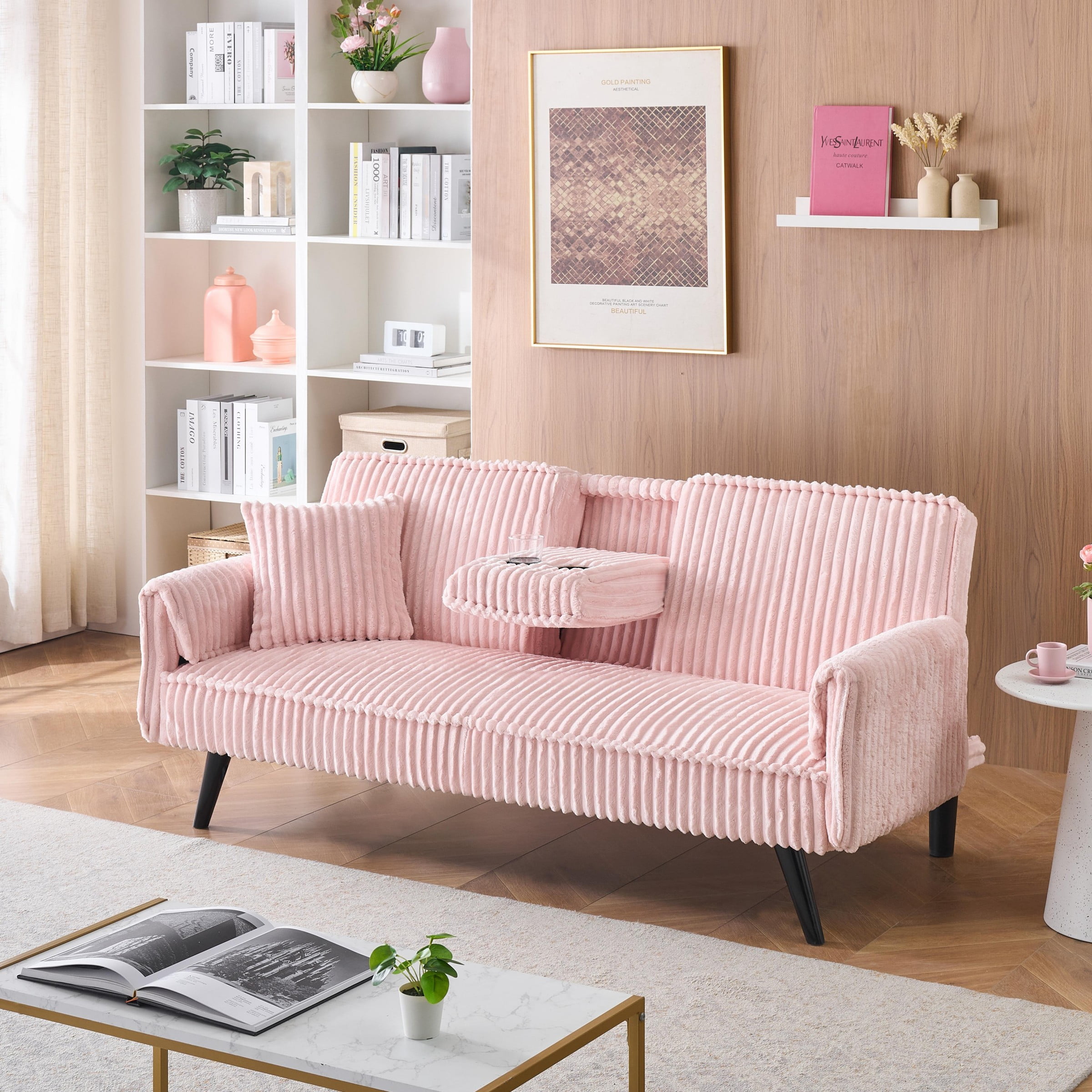 Jopath Modern Corduroy Futon Sofa Bed,Convertible Loveseat Sleeper Sofa Couch with Adjustable Backrest & Cup Holder for Living Room,Pink