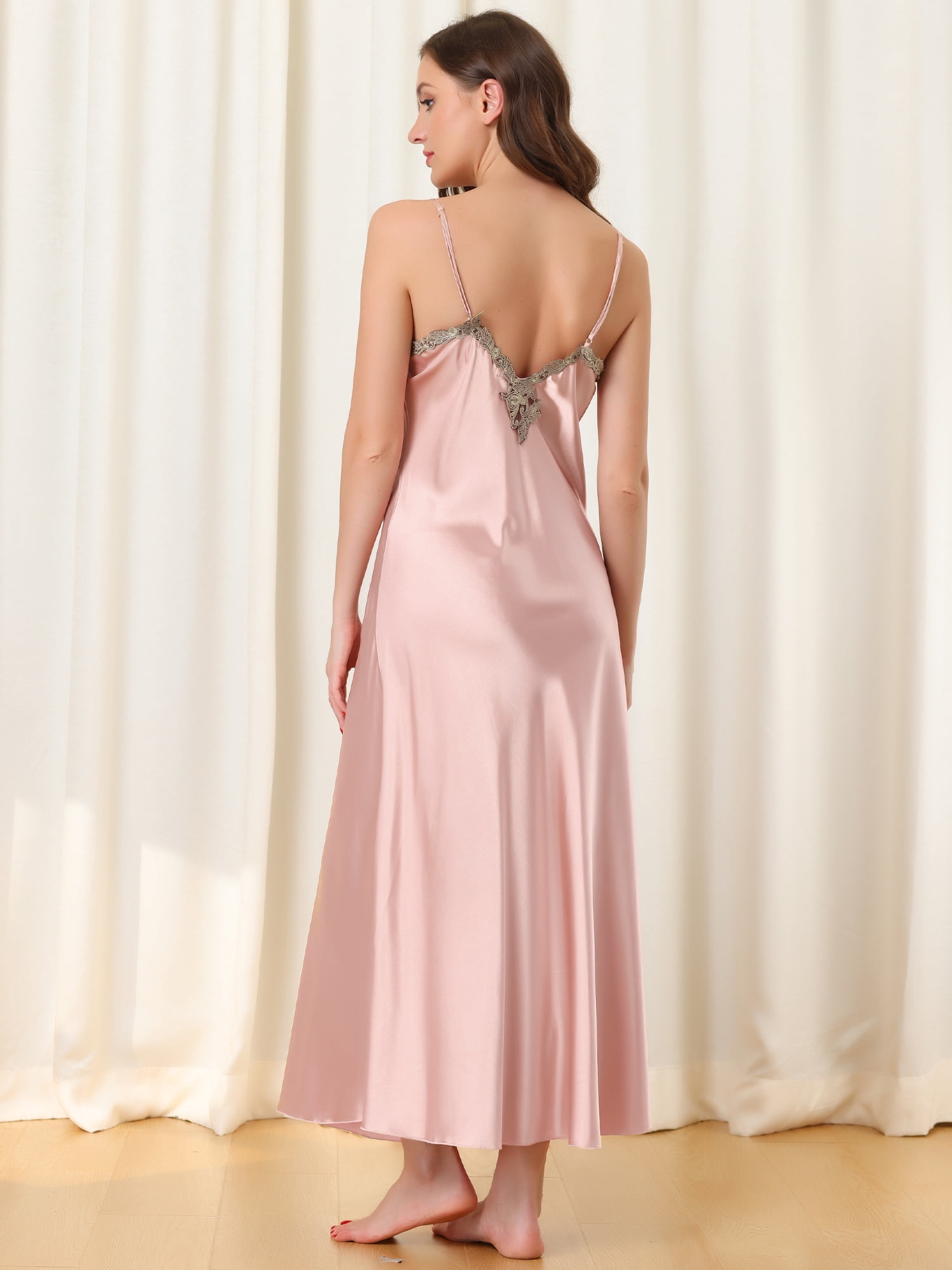 Unique Bargains Womens Satin Sleeveless Nigthgown Lace Sleep Dress Sleepwear Pajama Dress