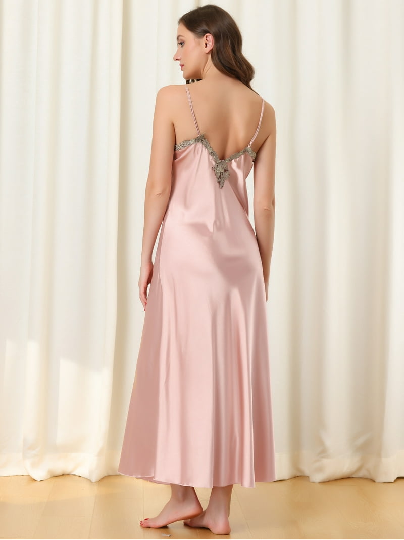 Unique Bargains Womens Satin Sleeveless Nigthgown Lace Sleep Dress Sleepwear Pajama Dress