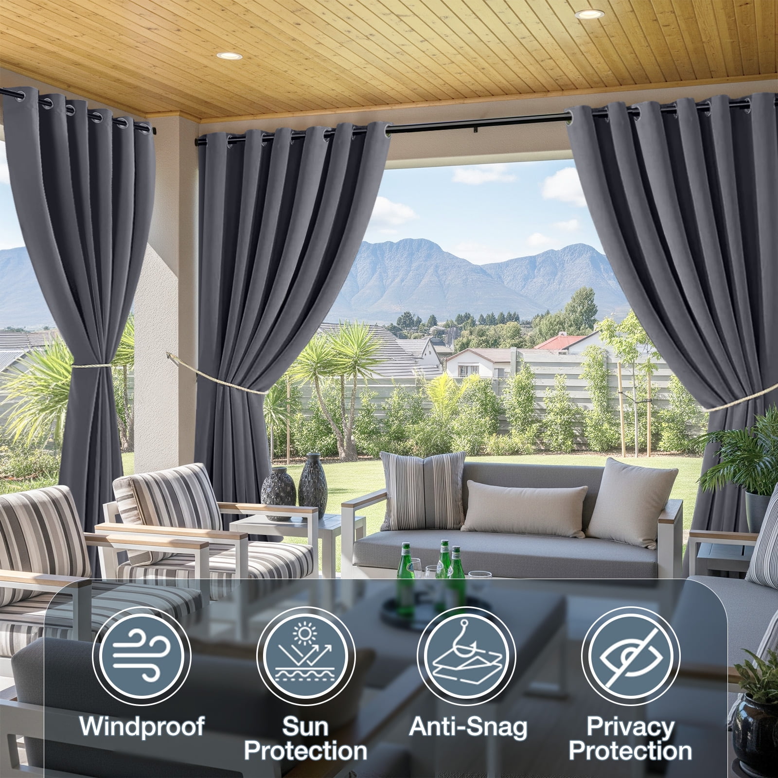 DONGPAI 100" Wide Outdoor Curtains for Patio Waterproof Blackout Privacy UV Resistant with Top and Bottom Grommet for Porch, Gazebo, Pergola, 100"x 96", Dark Gray, 1 Panel