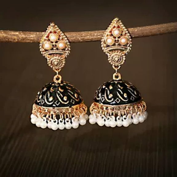 HOOUN Women's Boho Luxury Ethnic Bell Drop Hoop Gold Pearl Earrings Vintage Jewelry-Black