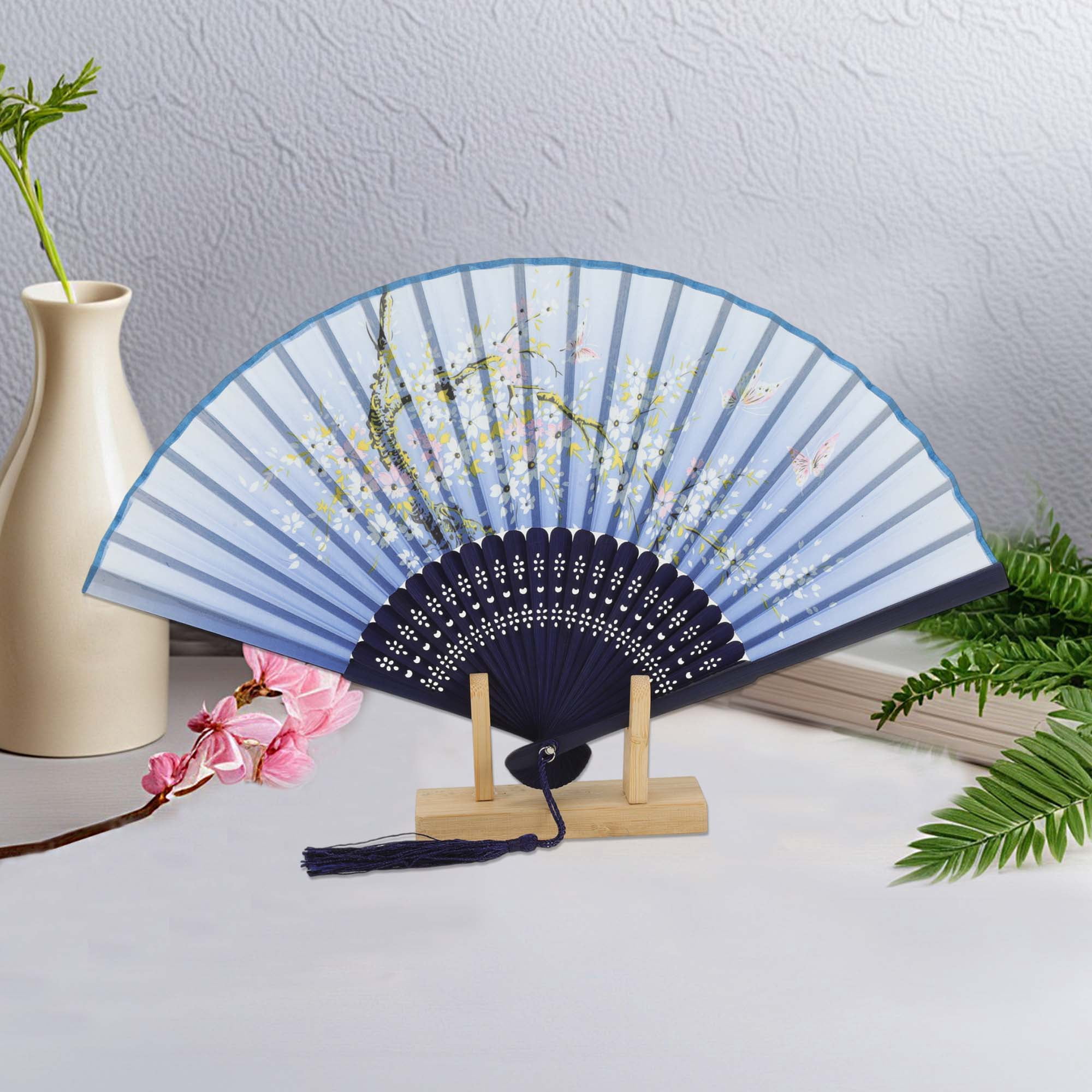 Unique Bargains Ancient Style Folding Fan 1Pc Blue [Subtle Fragrance of Blossoms Theme]