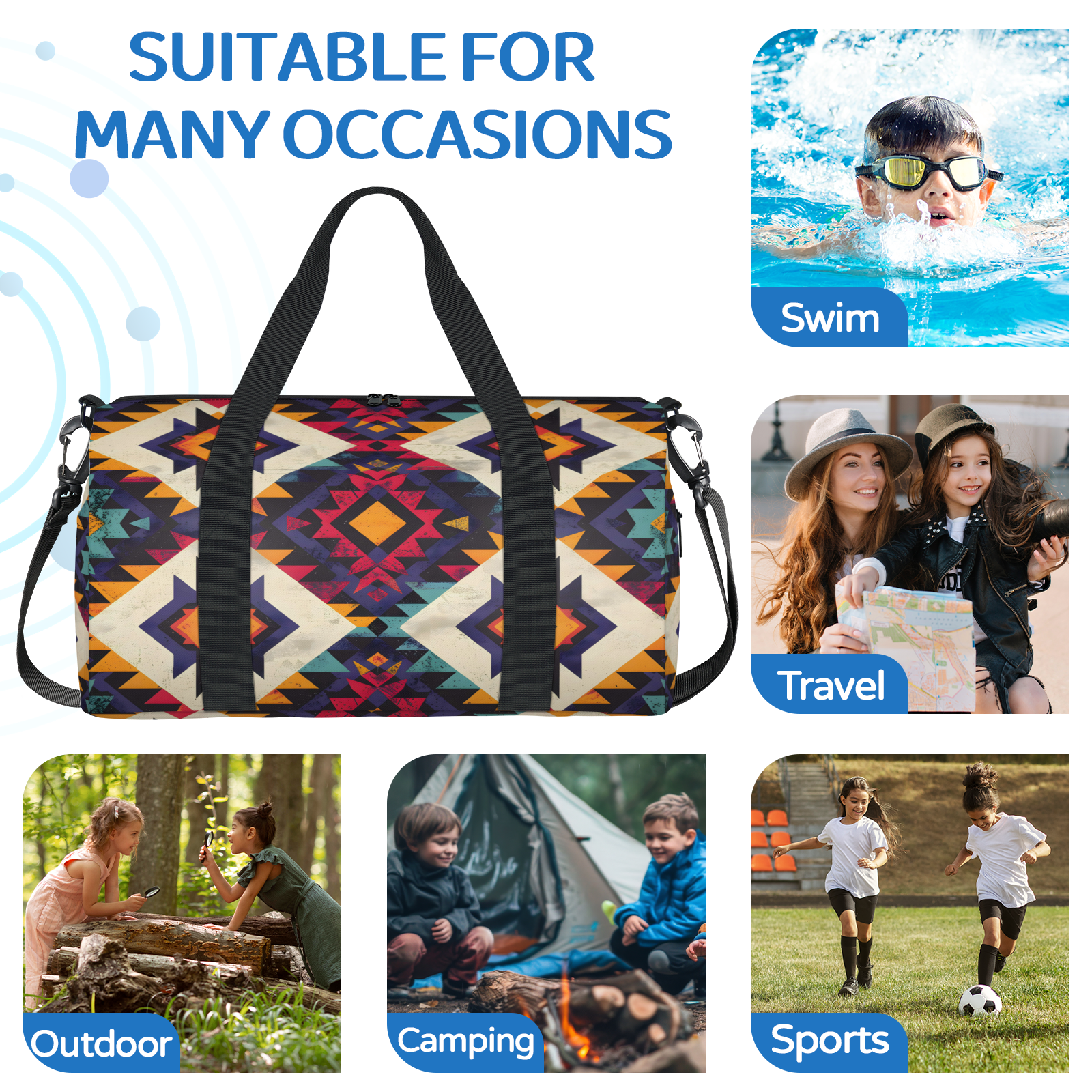 Herdesigns Western Aztec Gym Bag for Women, Duffle Bag for Travel Sport, Lightweight Waterproof Carry on Weekender Overnight Dance Yoga Workout Bags