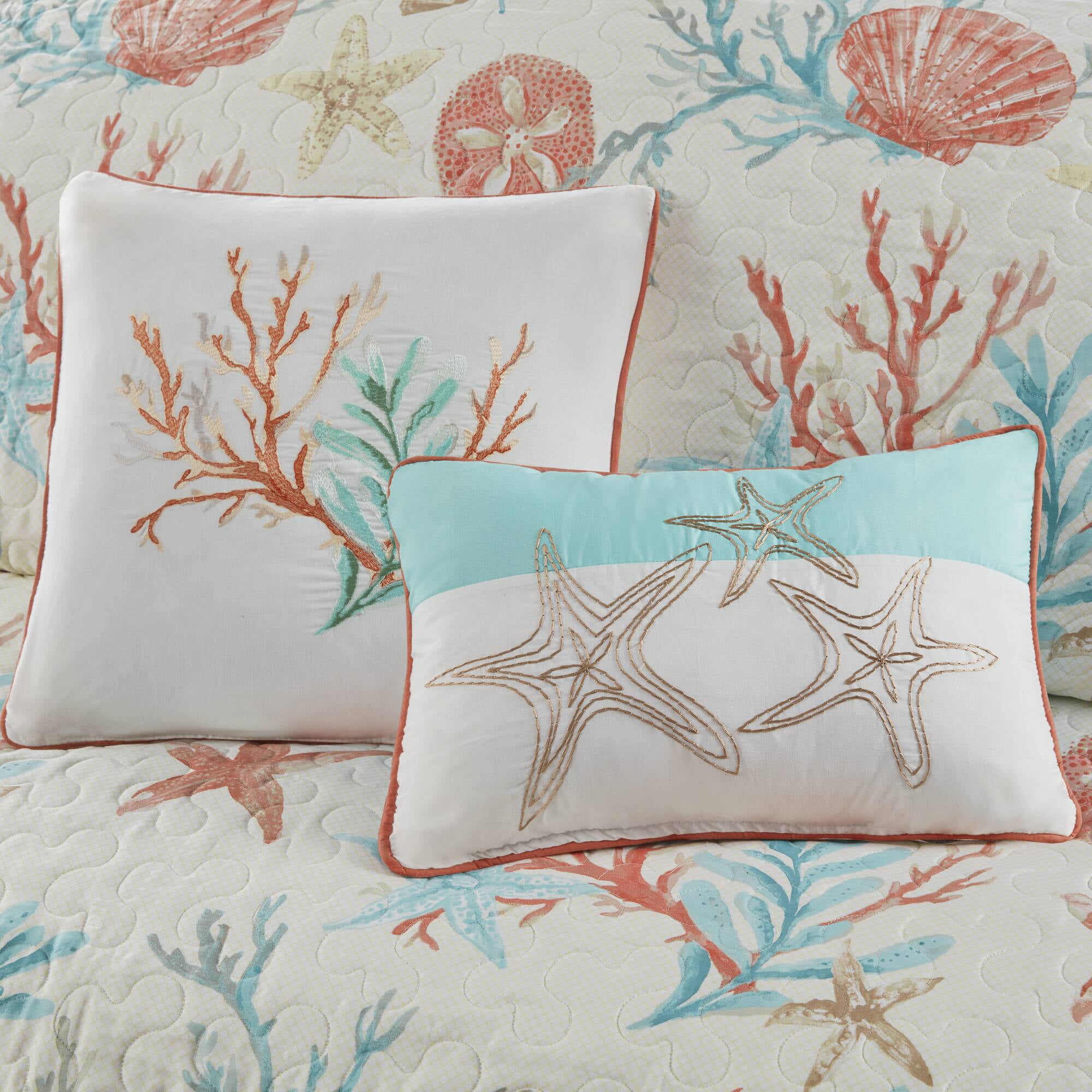 Madison Park Coastal Patterned 6-Piece King/Cal King Reversible Sateen Coverlet Quilt Set, Coral