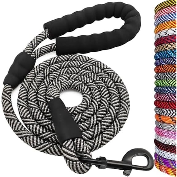 Eryueer Heavy Duty Rope Dog Leash, 3/4/5/6/7/8/10/12/15/20/30 FT Nylon Pet Leash, Soft Padded Handle Thick Lead Leashes for Large Medium Dogs (Black, 1/2" * 4')