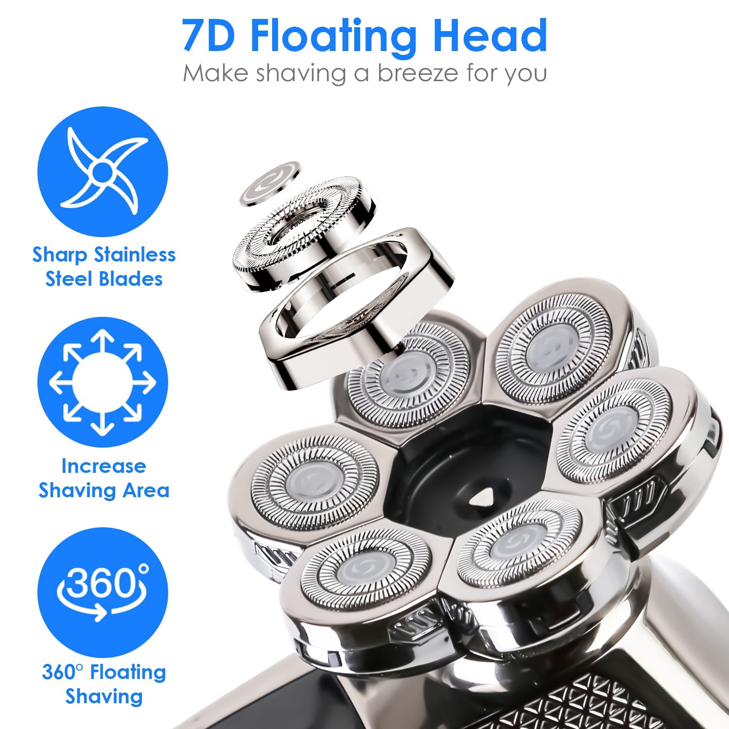 Moclever Head Shavers for Bald Men, 5 in 1 7D Cordless Head Beard Trimmer IPX6 Waterproof Dry Wet Grooming Kit with 3 Combs, Silver