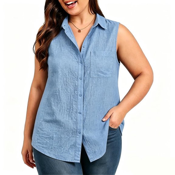 Noric Women's Cotton Button Down Tank Tops V-Neck Summer Office Casual Workwear with Chest Pocket Slim Fit Breathable Blouse