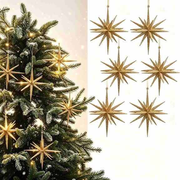 6 Pack Glitter Star Christmas Tree Ornaments, 3.94 Inch Spiky Star Hanging Decorations, 3D Starburst Xmas Tree Ornament for Holiday Wedding Home Decor, Champagne