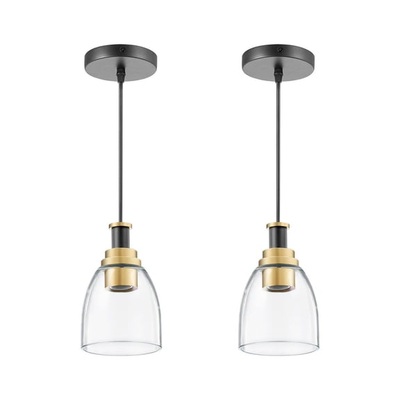 Pendant Light 2 Pack, Kitchen Island Lighting, Black and Gold, Clear Glass Shade, Adjustable Cord, E26 Socket, Modern Hanging Lights for Bedroom, Hallway