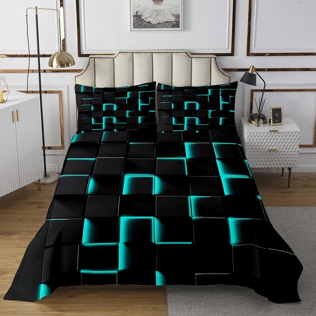 Erosebridal Gradient Checkered Bedspread Sets Twin Size,Buffalo Stereoscopic Bed Quilt,Geometry Decor,Breathable,2pcs