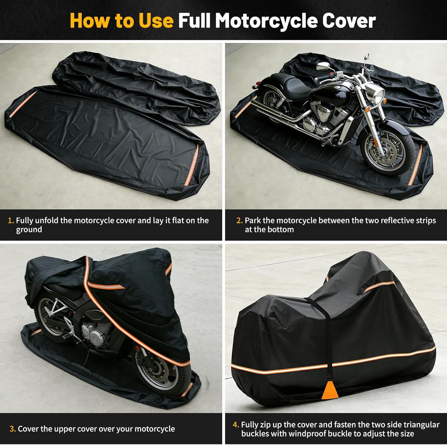 Full Enclosed Motorcycle Cover, 600D Heavy Duty Waterproof Motorcycle Cover 108 Inch, Fits for Harley Honda Yamaha Suzuki Scooter, Dirtbike, Cruiser, Touring Models, Black