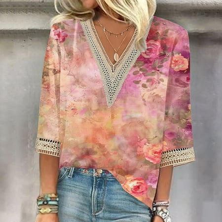 Qhnvtd Long Sleeve Shirts For Women Casual Babydoll Tops For Women Tshirts 2024 Women s Summer Printed Pullover V-Neck Lace T-Shirt 3/4 Sleeves Sleeve Top Hot Pink