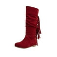 thumbnail image 2 of VKEKIEO Womens Tall Boots Round Toe High Heel Walking Shoes Fringe Slip-On Red, 2 of 9