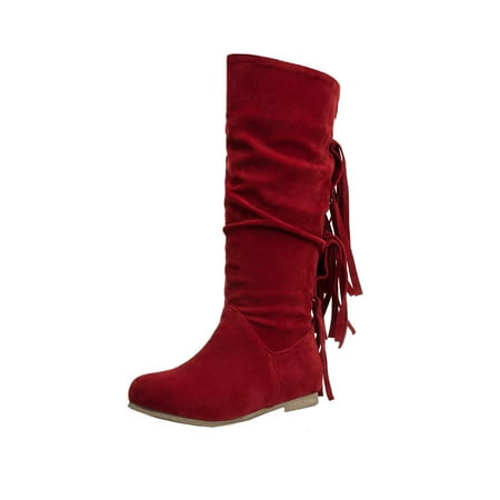 

Fesfesfes Western Boots Women Fringed Round Toe Warm Fall Winter High Long Low Heel Retro Women s US:4.5(35)