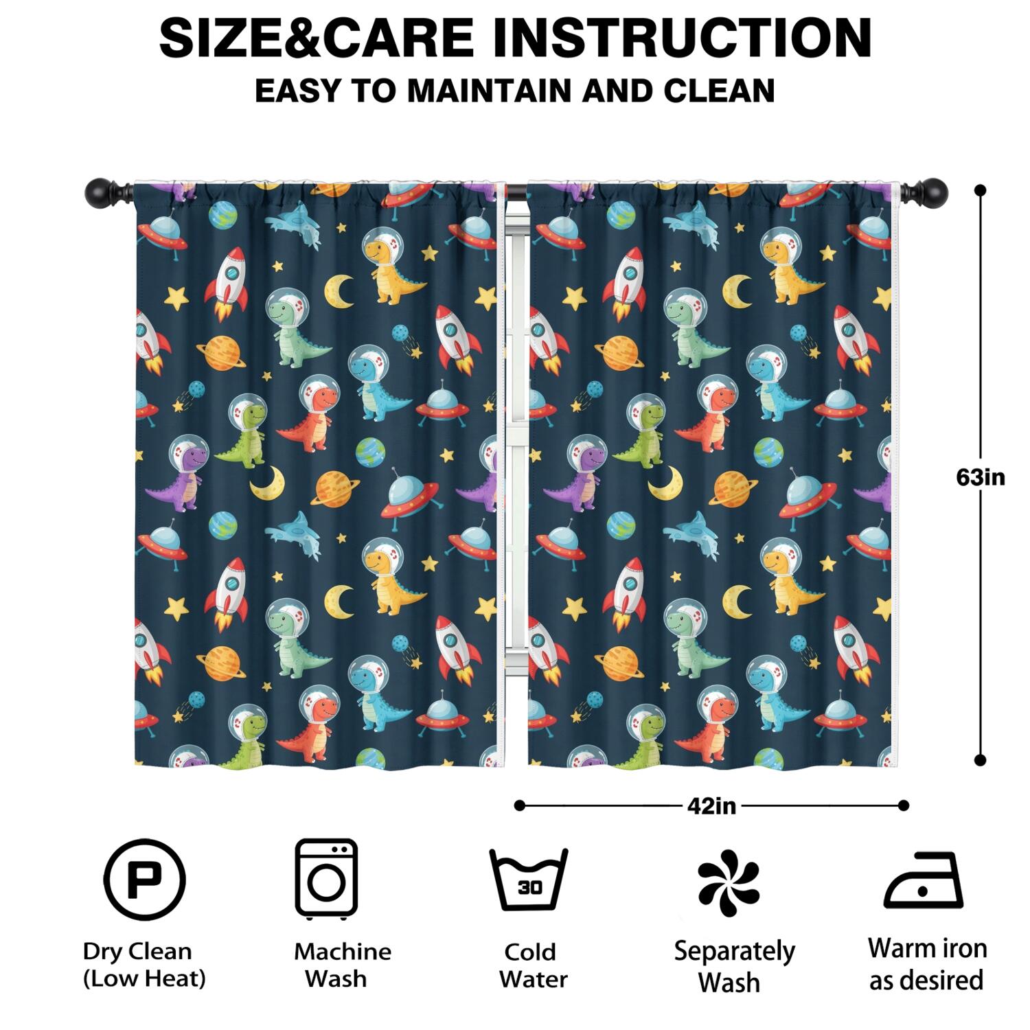 Blackout Kids Curtains,Space Dinosaurs Rockets Planets Childrens Insulated Curtains Set Of 2,Bedroom Essentials,Toddler Room Decor 42"x63"