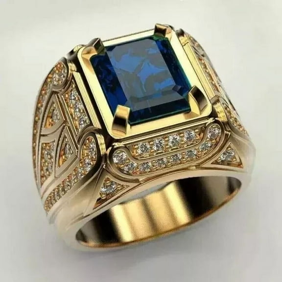 Emerald Cut Lab Created Blue Sapphire Men's Wedding Ring 14K Yellow Gold Plated