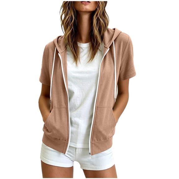 Cilsoka Women's Zip Up Hoodie Short Sleeves Lightweight Drawstring Sweatshirts Full Zip Slim Fit Hooded Jacket with Pockets Fall Casual Outwear Clothes