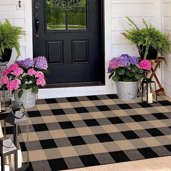 Buffalo Check Plaid Outdoor Rug, Farmhouse Woven Front Porch Rug, Machine Washable Entryway Area Rug for Patio Hallway