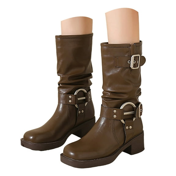 Mostsola Knee High Boots Women Low Heel Trendy Buckle Riding Motorcycle Boots Pull on Booties