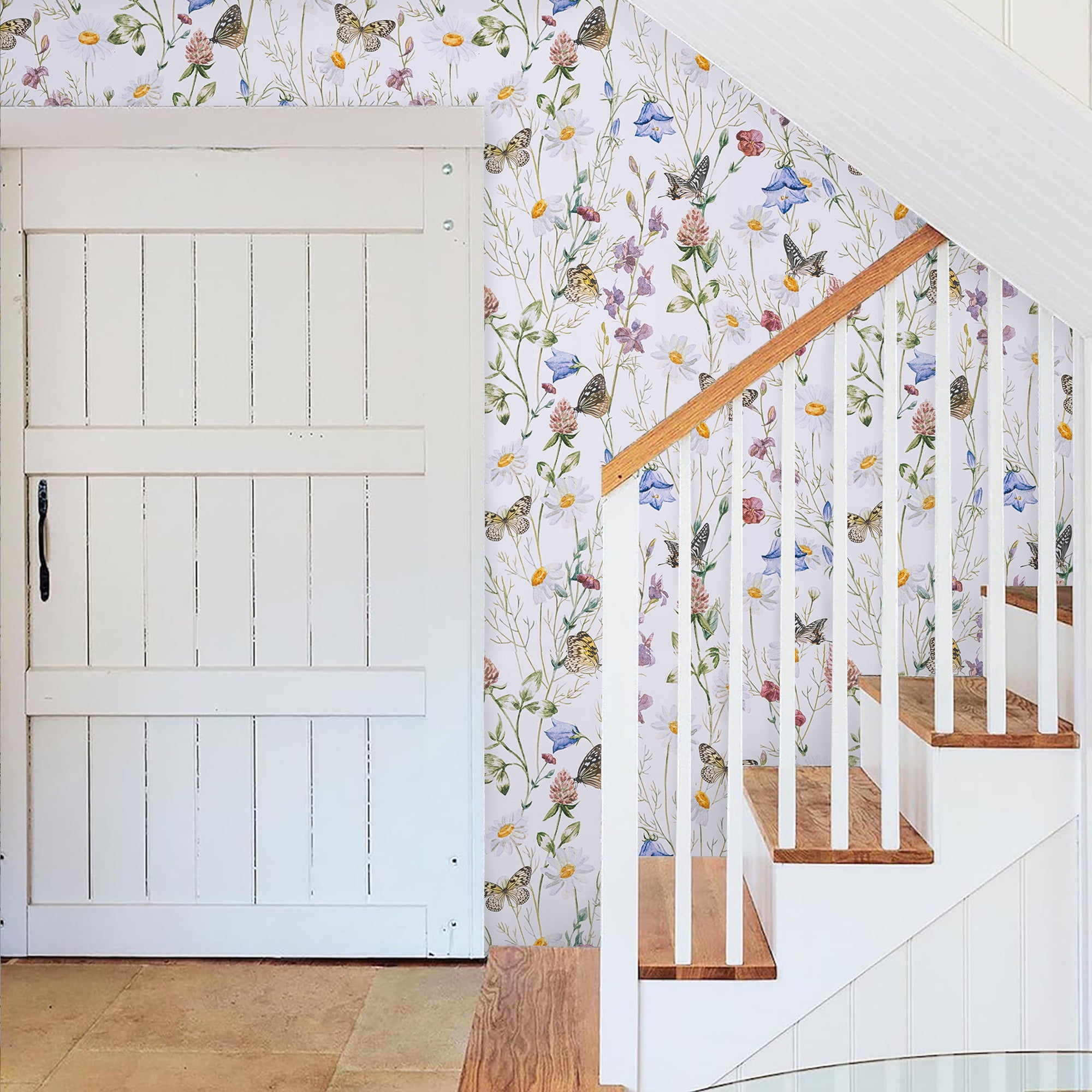Abyssaly Floral Peel and Stick Wallpaper 17.3" × 393.7",Butterfly and Flower, White Removable Self-Adhesive Vinyl Wall Paper for Home Decor