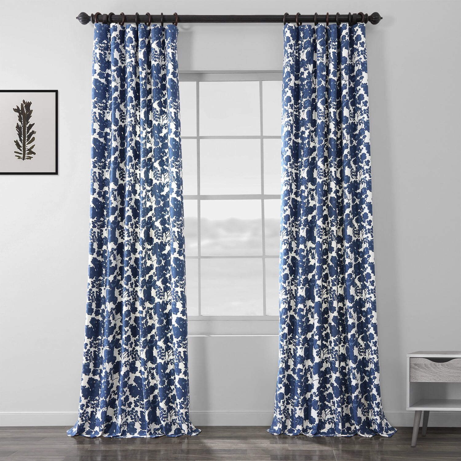 Fleur Blue Printed Cotton Twill Curtain (1 Panel), Fleur Blue, 50W X 108L