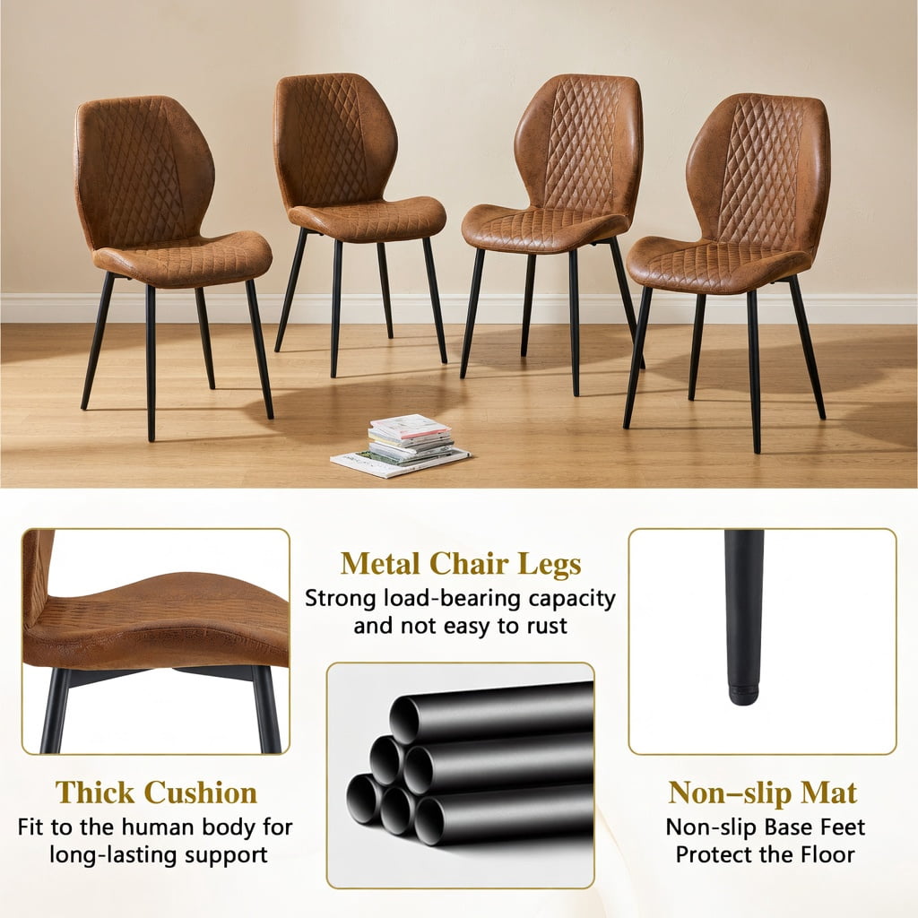 Hommoo 4-Pack Modern Quilted Dining Chairs with Black Metal Legs, Luxury Diamond-Stitch Fabric, Ergonomic Design for Home, Cafe & Office Use, Brown