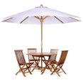 thumbnail image 1 of All Things Cedar 6-Piece 4-ft Teak Octagon Folding Table Set with Royal White Umbrella, 1 of 2