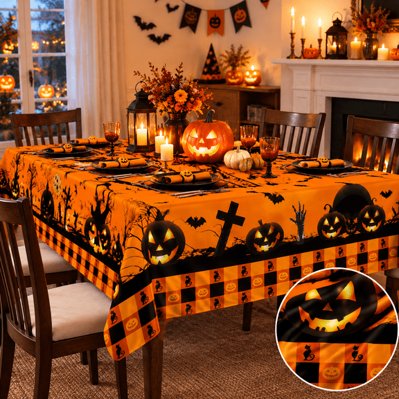 Halloween Tablecloth Reusable, Orange and Black Ghost Pumpkin Plaid Castle Table Cloth, Washable Rectangular Halloween Table Decor for Party Picnic Dinner