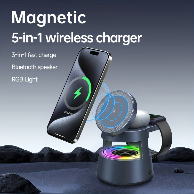 5-in-1 Magnetic Wireless Charger Stand with 15W Fast Charging, LED Night Light & Home Hub - for iPhone 17/16/15/14 Pro Max Mini, Apple Watch 9/8/7/SE/6/5/4/3/2, Airpods 3/2/pro - USB-powered