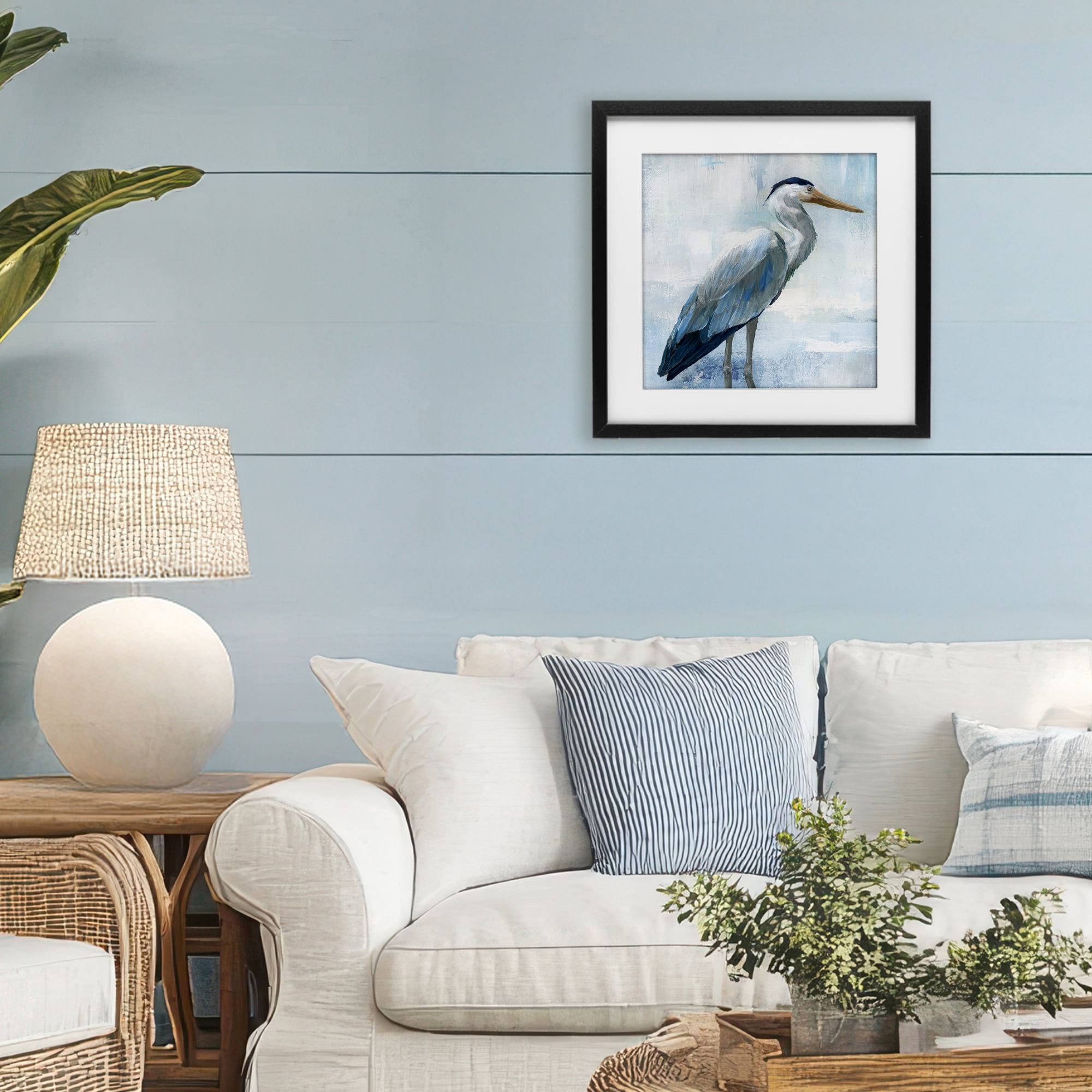 Stupell Industries Serene Blue Heron In Aqua Black Framed Print Under Glass, design by Nan