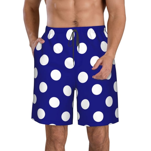 Vsdgher Navy And White Polka Dot Men's Beach Shorts, Surfing shorts, Swim trunks, Quick Dry Swim Trunks for Surfing Beach Fun -Large