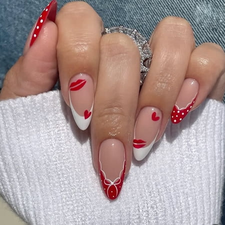 CuteHelper Red Kiss & Heart Press-On Nails - 24PCS Medium Almond, Glossy French Tip with Polka Dot & Bow Art, Non-Toxic & Reusable