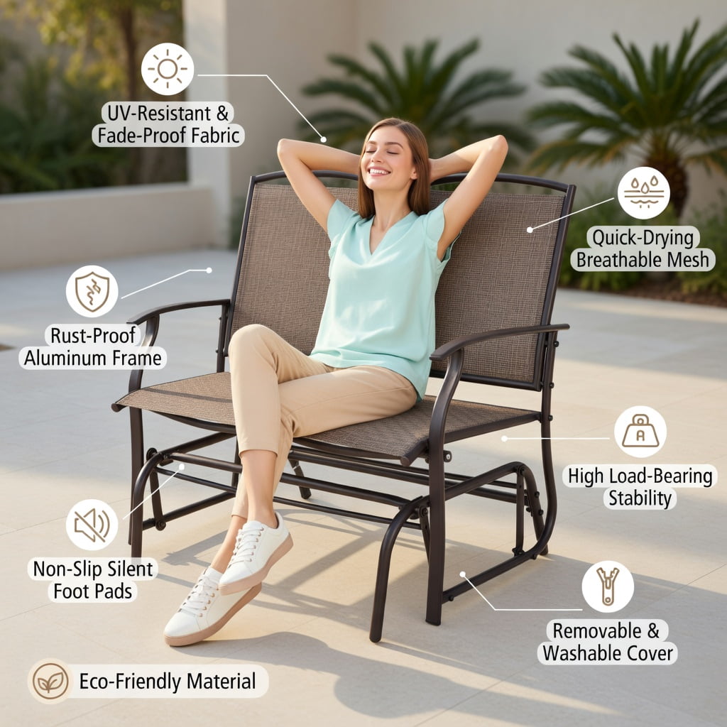 Hommoo Outdoor Steel Rocking Loveseat Chair, Textilene Seat, Backyard & Patio Relaxation Furniture, Brown